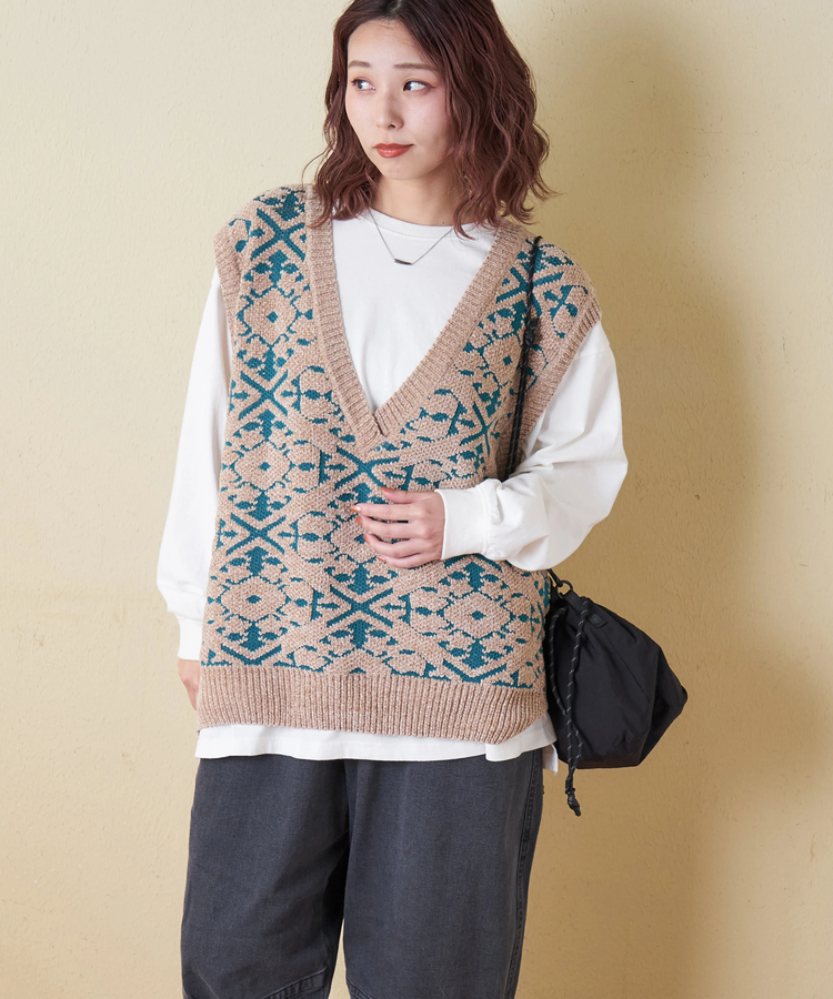 CUBE SUGAR(キューブシュガー) |【秋冬新作】モール ジャガード ニット Vネック ベスト