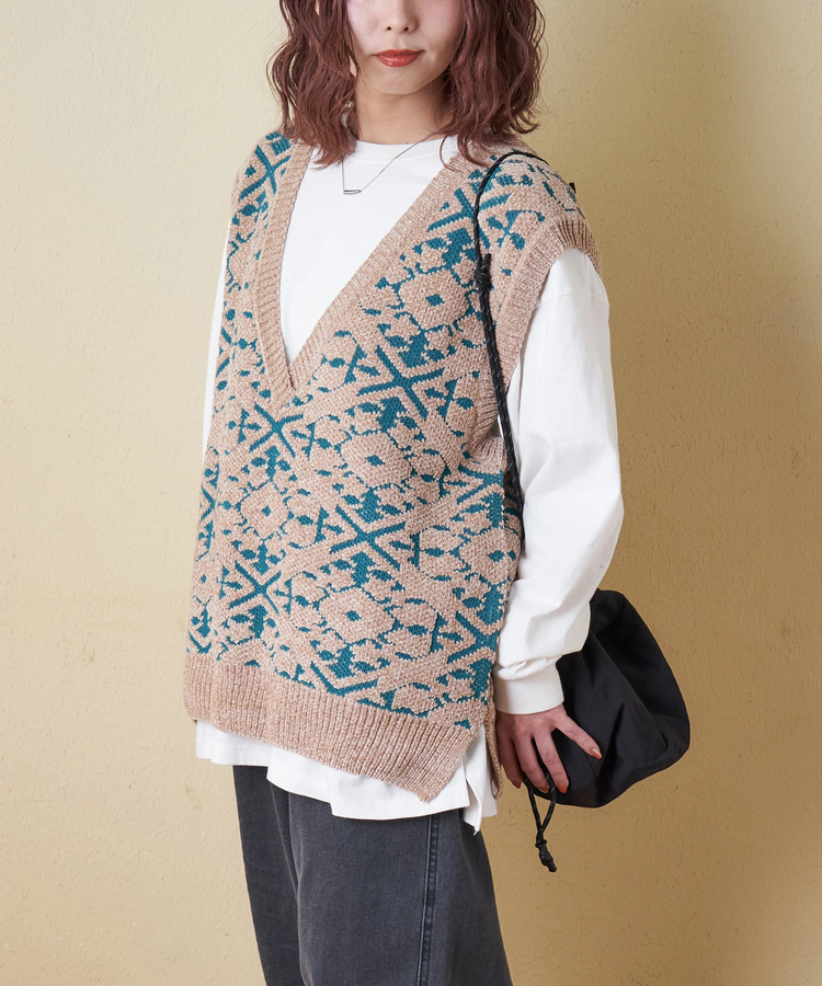 CUBE SUGAR(キューブシュガー) |【秋冬新作】モール ジャガード ニット Vネック ベスト