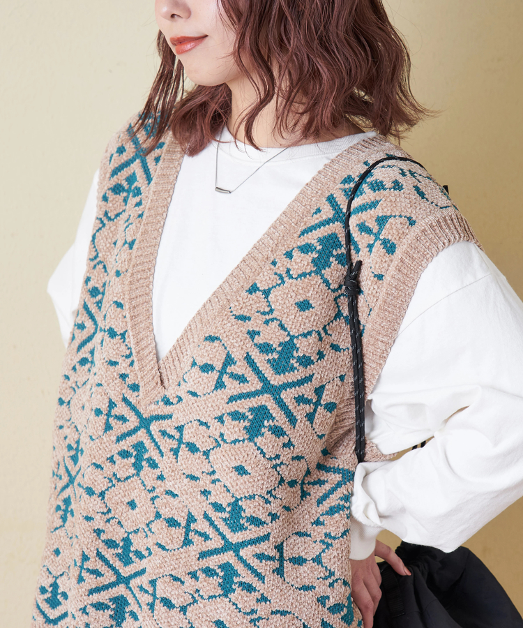 CUBE SUGAR(キューブシュガー) |【秋冬新作】モール ジャガード ニット Vネック ベスト