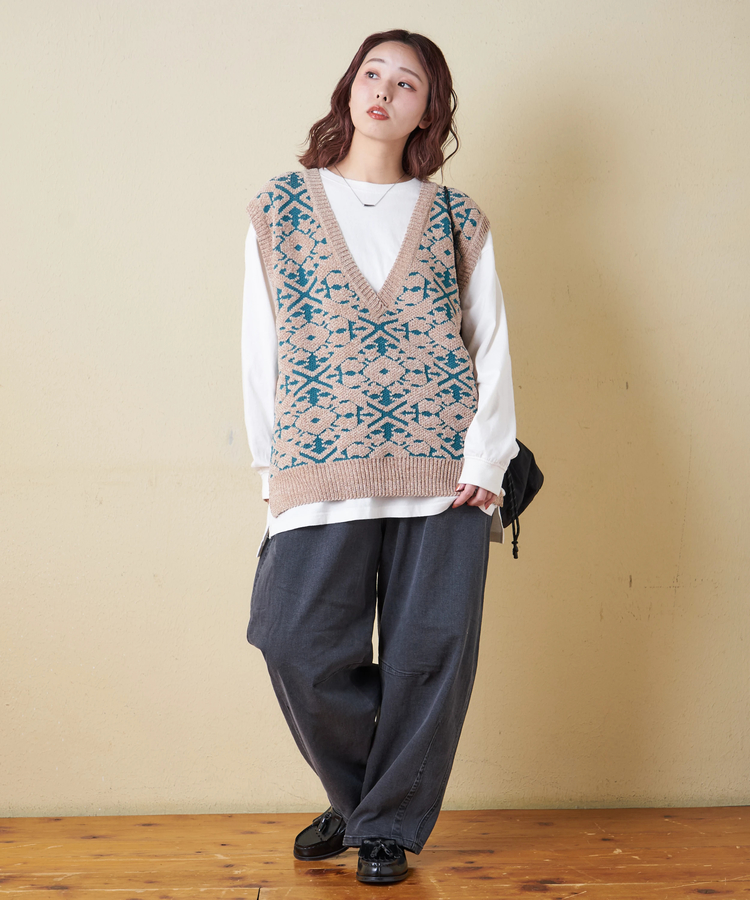 CUBE SUGAR(キューブシュガー) |【秋冬新作】モール ジャガード ニット Vネック ベスト