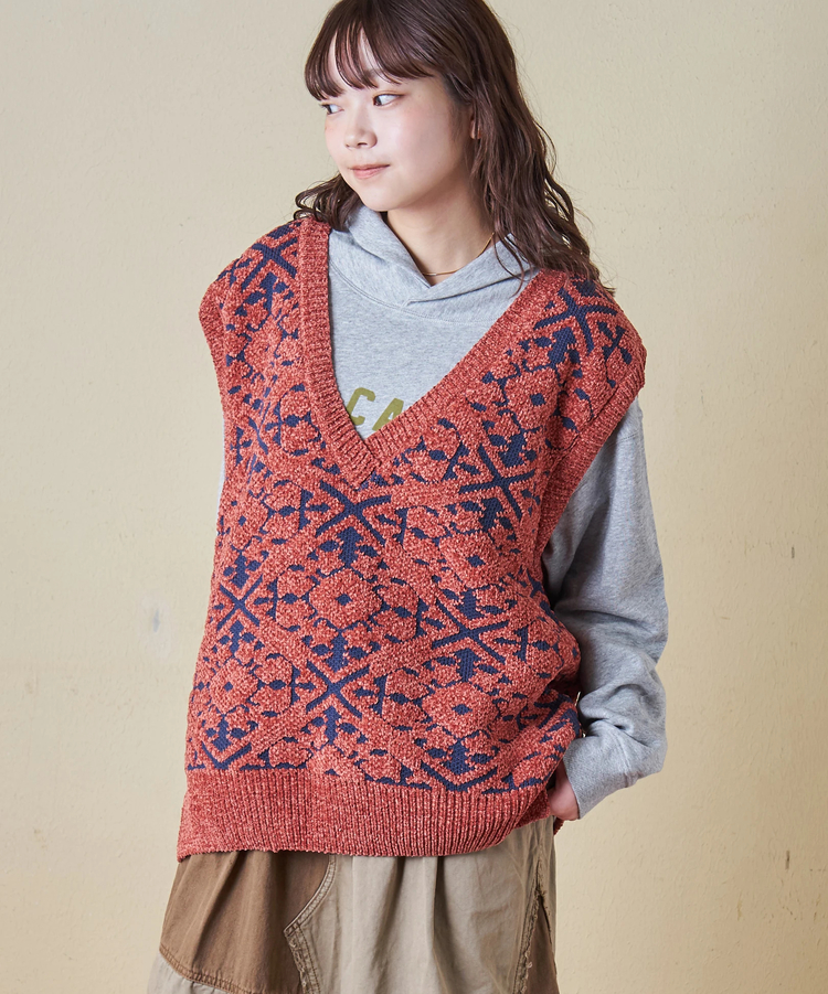 CUBE SUGAR(キューブシュガー) |【秋冬新作】モール ジャガード ニット Vネック ベスト