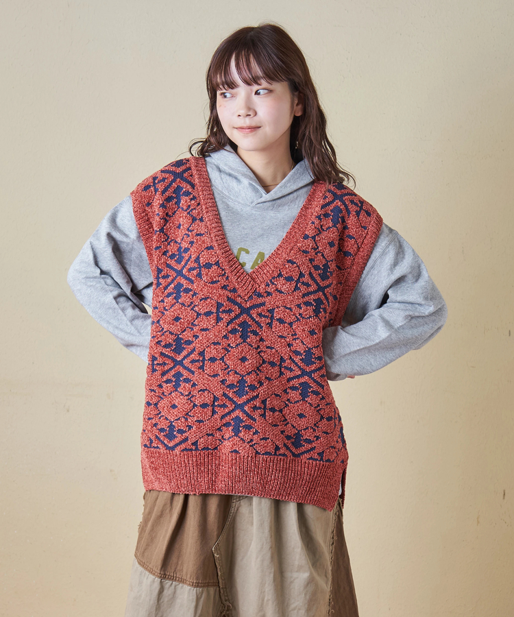 CUBE SUGAR(キューブシュガー) |【秋冬新作】モール ジャガード ニット Vネック ベスト