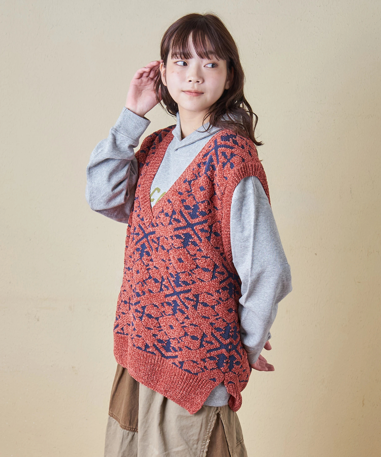 CUBE SUGAR(キューブシュガー) |【秋冬新作】モール ジャガード ニット Vネック ベスト