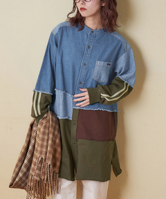 【秋冬新作】8オンス デニム × スウェット リメイク風 チュニック シャツワンピース