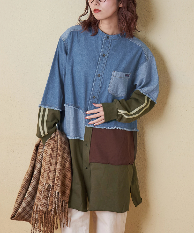 CUBE SUGAR(キューブシュガー) |【秋冬新作】8オンス デニム × スウェット リメイク風 チュニック シャツワンピース