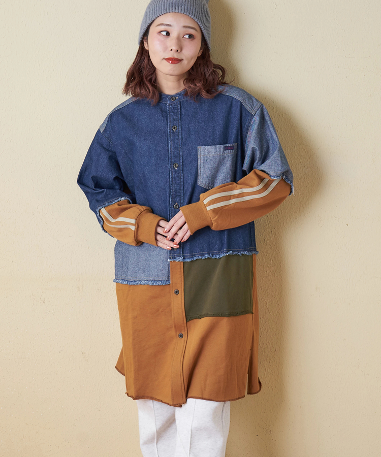 CUBE SUGAR(キューブシュガー) |【秋冬新作】8オンス デニム × スウェット リメイク風 チュニック シャツワンピース