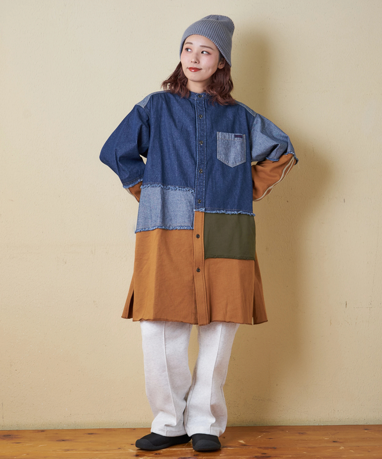 CUBE SUGAR(キューブシュガー) |【秋冬新作】8オンス デニム × スウェット リメイク風 チュニック シャツワンピース