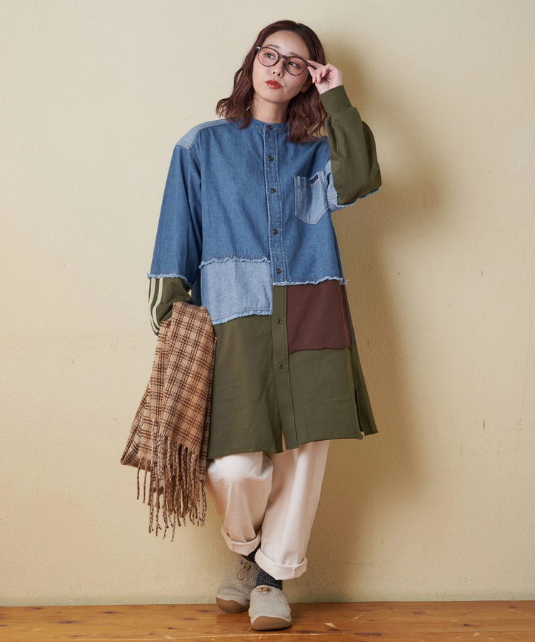 CUBE SUGAR(キューブシュガー) |【秋冬新作】8オンス デニム × スウェット リメイク風 チュニック シャツワンピース