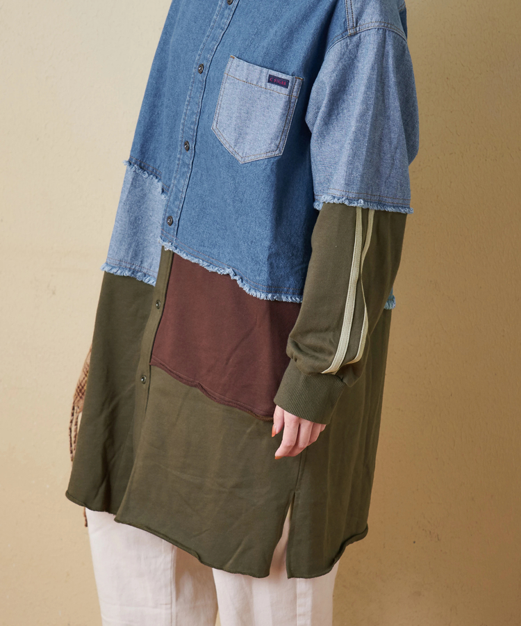 CUBE SUGAR(キューブシュガー) |【秋冬新作】8オンス デニム × スウェット リメイク風 チュニック シャツワンピース