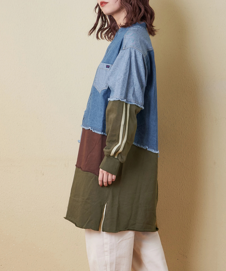 CUBE SUGAR(キューブシュガー) |【秋冬新作】8オンス デニム × スウェット リメイク風 チュニック シャツワンピース