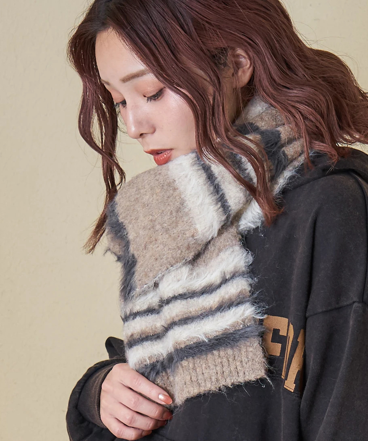 CUBE SUGAR(キューブシュガー) |【タイムセール★12/9 23:59まで】【秋冬新作】ループヤーン × シャギーヤーン ニット マルチボーダー マフラー