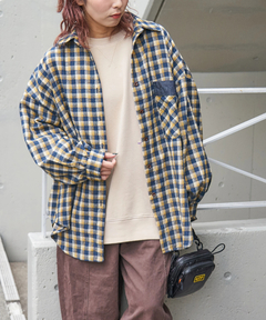 【秋冬新作】微起毛 チェック デニム使い ビッグシャツ