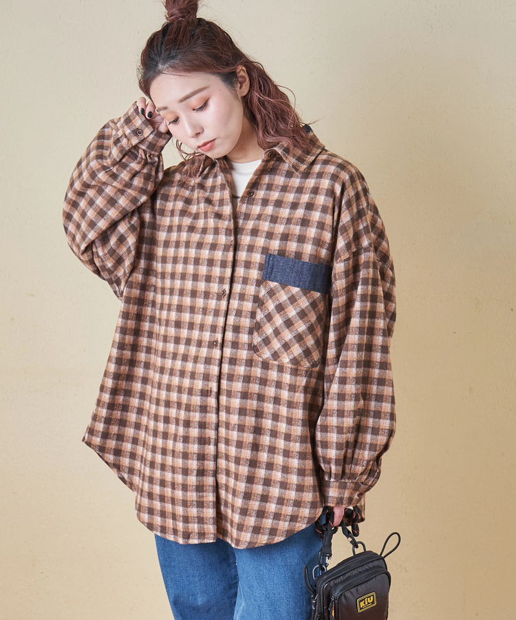 CUBE SUGAR(キューブシュガー) |【秋冬新作】微起毛 チェック デニム使い ビッグシャツ