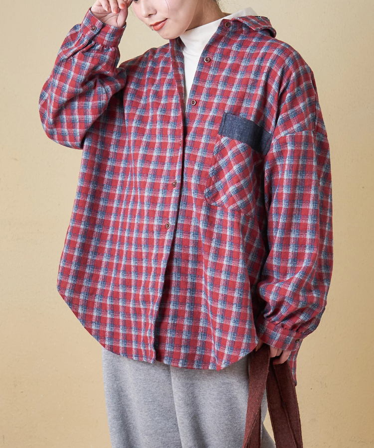 CUBE SUGAR(キューブシュガー) |【秋冬新作】微起毛 チェック デニム使い ビッグシャツ