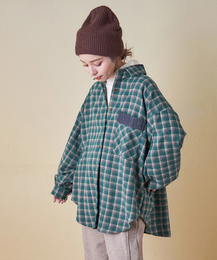 CUBE SUGAR(キューブシュガー) |【秋冬新作】微起毛 チェック デニム使い ビッグシャツ