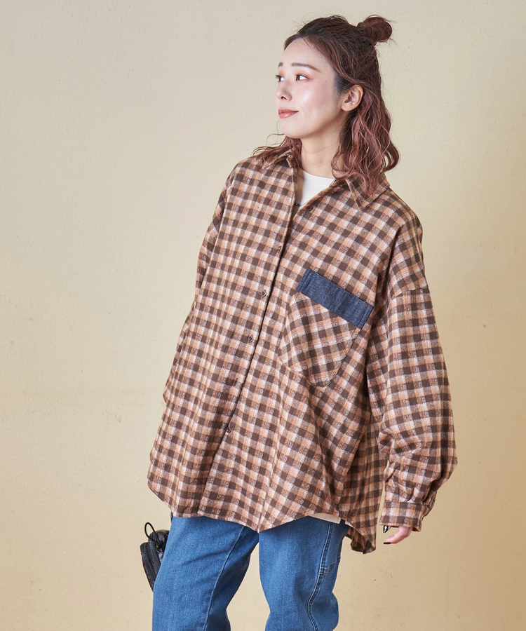 CUBE SUGAR(キューブシュガー) |【秋冬新作】微起毛 チェック デニム使い ビッグシャツ