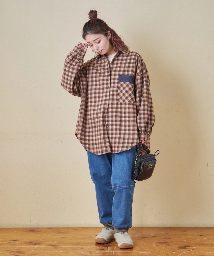 CUBE SUGAR(キューブシュガー) |【秋冬新作】微起毛 チェック デニム使い ビッグシャツ