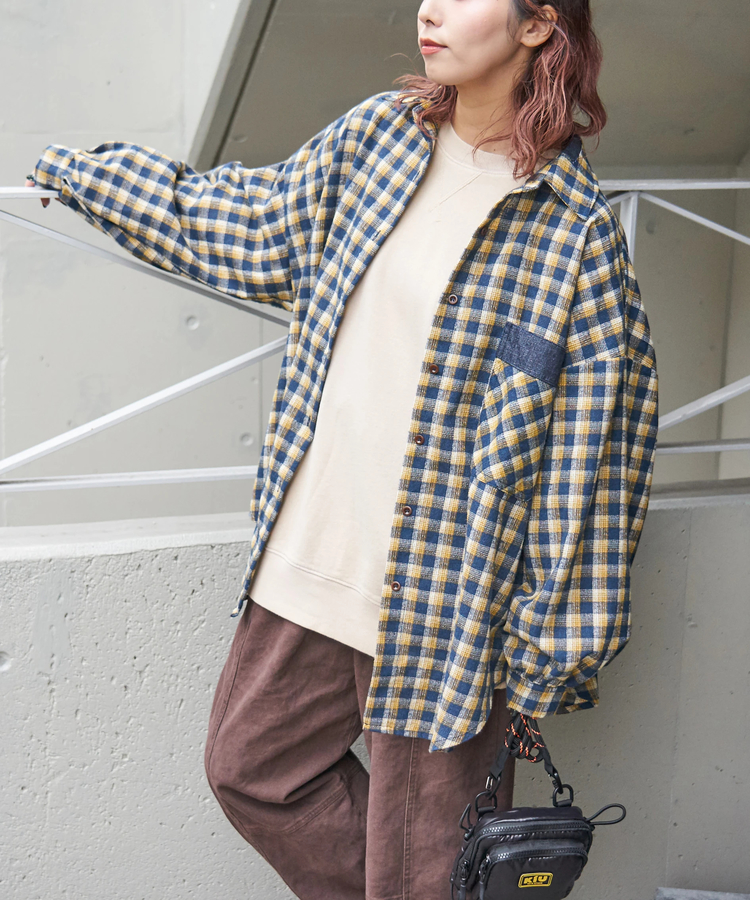 CUBE SUGAR(キューブシュガー) |【秋冬新作】微起毛 チェック デニム使い ビッグシャツ