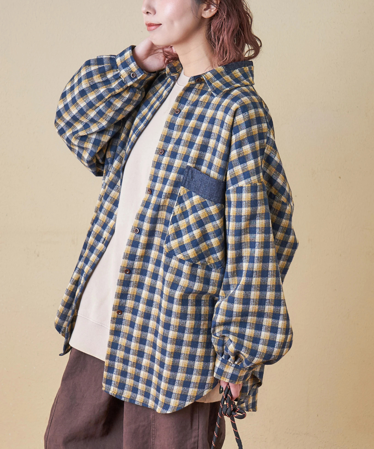 CUBE SUGAR(キューブシュガー) |【秋冬新作】微起毛 チェック デニム使い ビッグシャツ