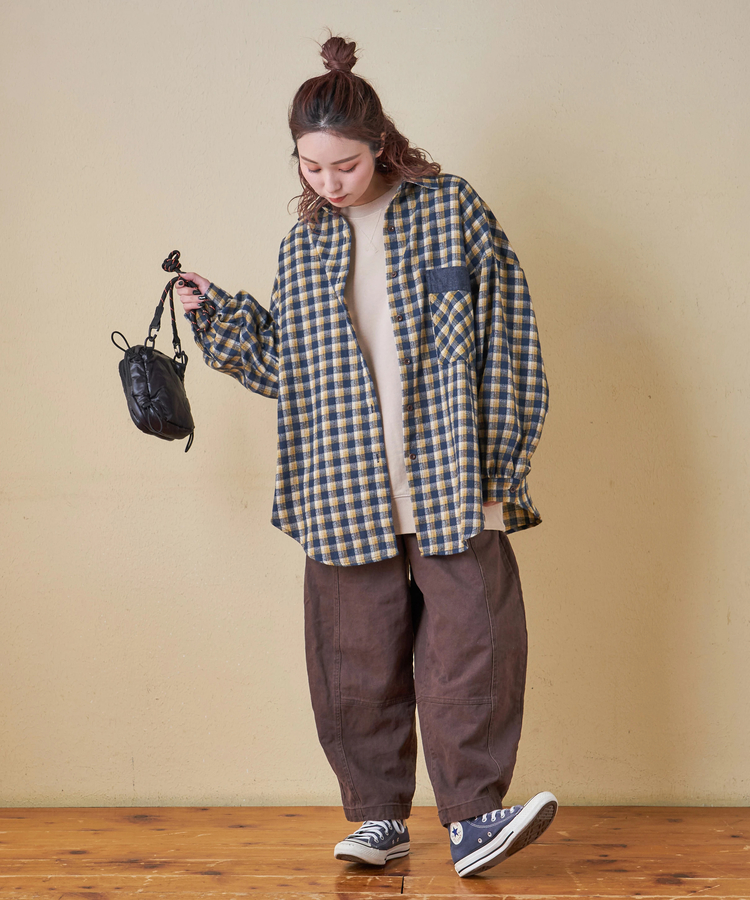 CUBE SUGAR(キューブシュガー) |【秋冬新作】微起毛 チェック デニム使い ビッグシャツ