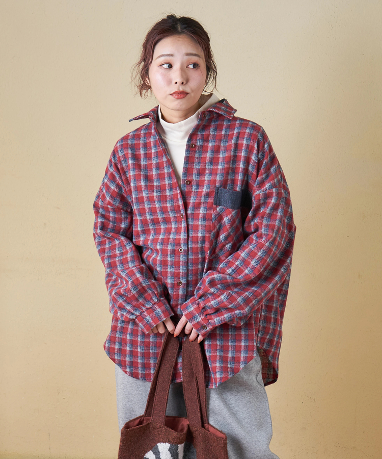 CUBE SUGAR(キューブシュガー) |【秋冬新作】微起毛 チェック デニム使い ビッグシャツ