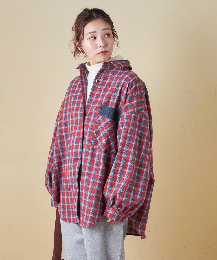 CUBE SUGAR(キューブシュガー) |【秋冬新作】微起毛 チェック デニム使い ビッグシャツ