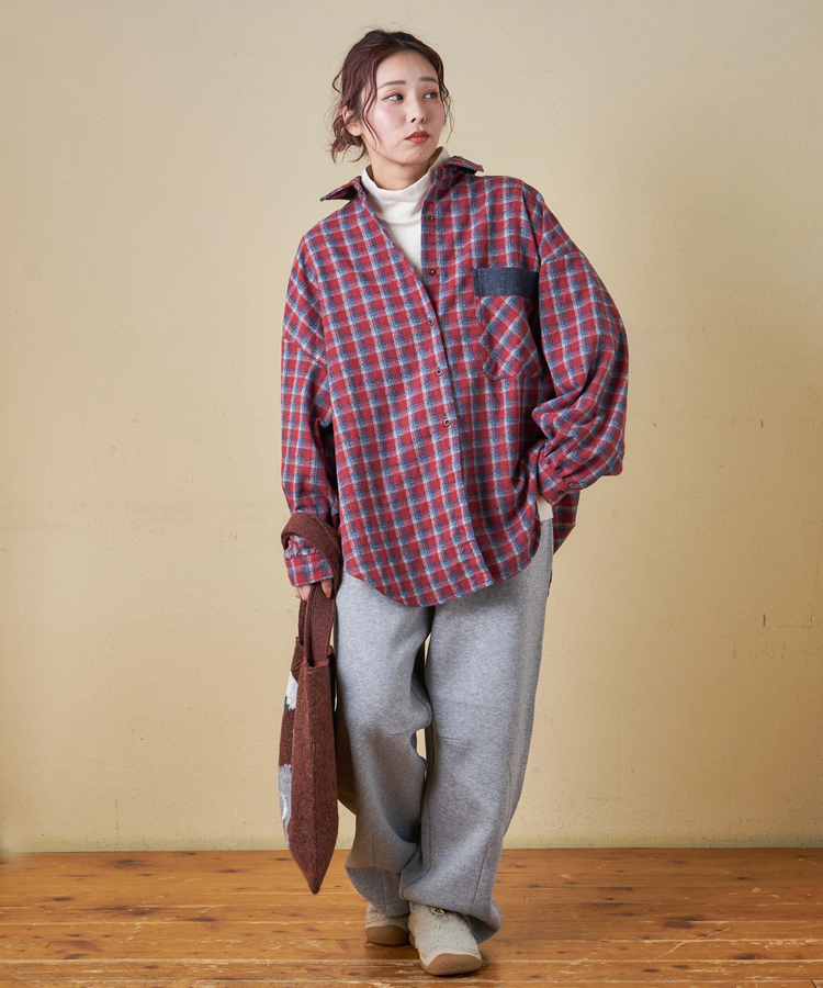 CUBE SUGAR(キューブシュガー) |【秋冬新作】微起毛 チェック デニム使い ビッグシャツ