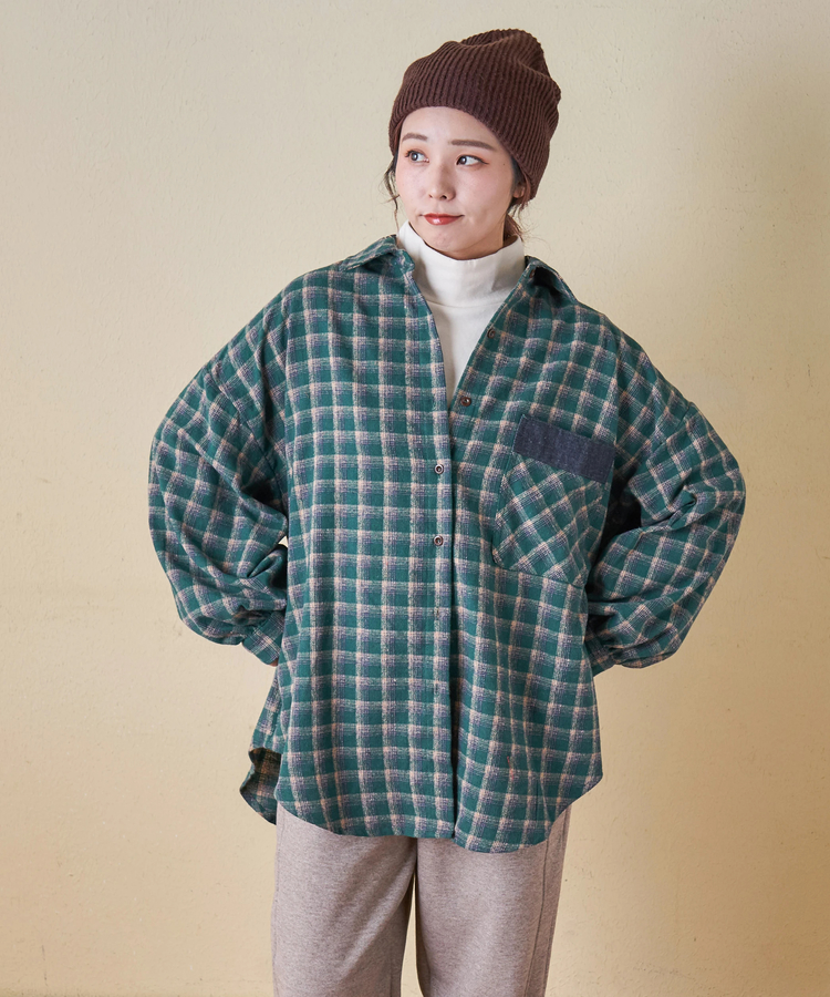 CUBE SUGAR(キューブシュガー) |【秋冬新作】微起毛 チェック デニム使い ビッグシャツ