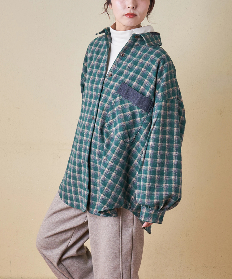 CUBE SUGAR(キューブシュガー) |【秋冬新作】微起毛 チェック デニム使い ビッグシャツ