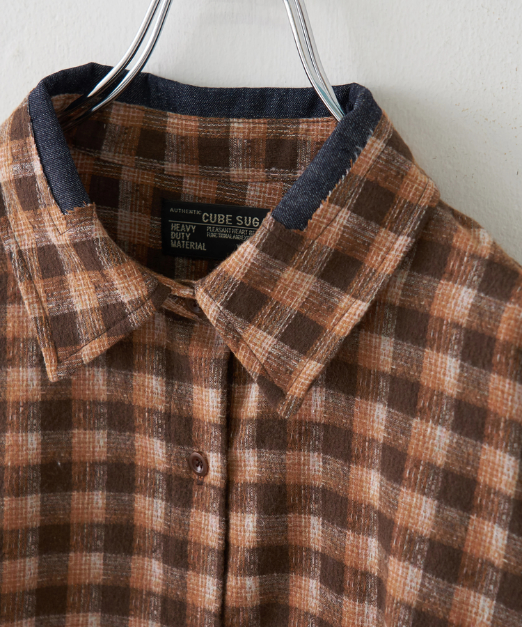 CUBE SUGAR(キューブシュガー) |【秋冬新作】微起毛 チェック デニム使い ビッグシャツ