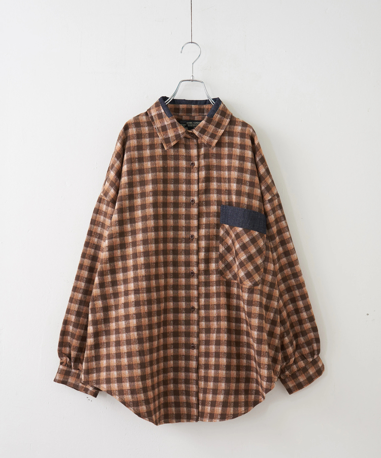 CUBE SUGAR(キューブシュガー) |【秋冬新作】微起毛 チェック デニム使い ビッグシャツ