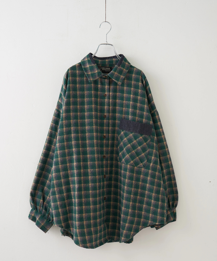 CUBE SUGAR(キューブシュガー) |【秋冬新作】微起毛 チェック デニム使い ビッグシャツ