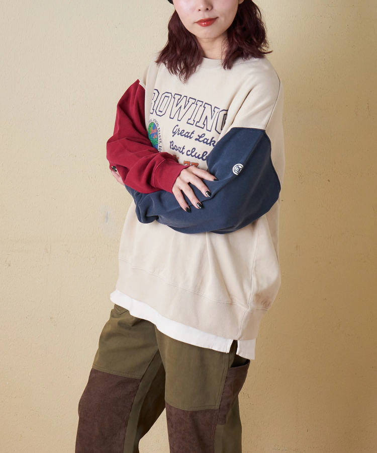 CUBE SUGAR(キューブシュガー) |【秋冬新作】裏毛 パウダー加工 スウェット プリント ＆ 刺繍 プルオーバー