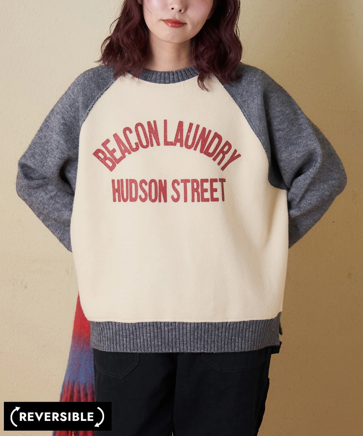 CUBE SUGAR(キューブシュガー) |【秋冬新作】アンチピリング ニット × 裏起毛 スウェット リバーシブル ラグラン プルオーバー