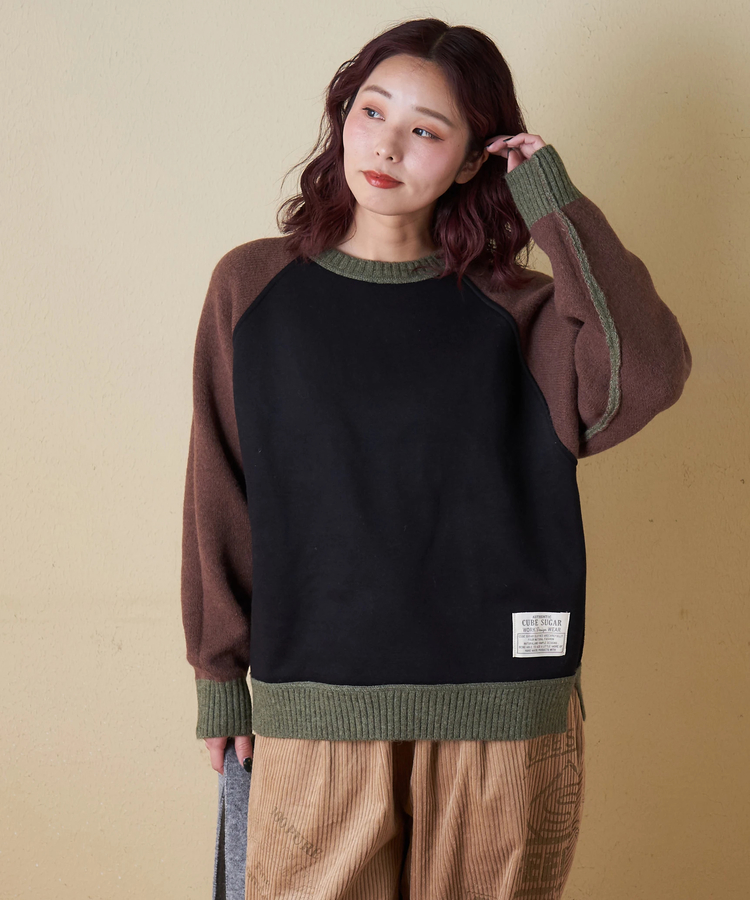 CUBE SUGAR(キューブシュガー) |【秋冬新作】アンチピリング ニット × 裏起毛 スウェット リバーシブル ラグラン プルオーバー