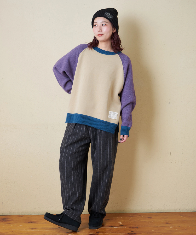 CUBE SUGAR(キューブシュガー) |【秋冬新作】アンチピリング ニット × 裏起毛 スウェット リバーシブル ラグラン プルオーバー