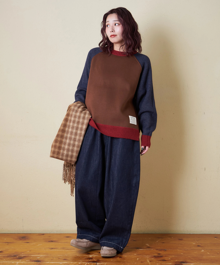 CUBE SUGAR(キューブシュガー) |【秋冬新作】アンチピリング ニット × 裏起毛 スウェット リバーシブル ラグラン プルオーバー