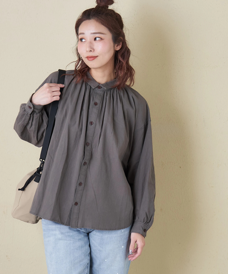 CUBE SUGAR(キューブシュガー) |【春新作8%分ポイントバック】ソフトツイル 無地 ギャザーシャツ