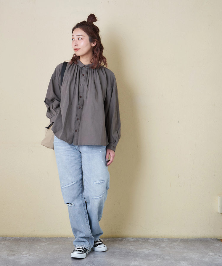 CUBE SUGAR(キューブシュガー) |【春新作8%分ポイントバック】ソフトツイル 無地 ギャザーシャツ