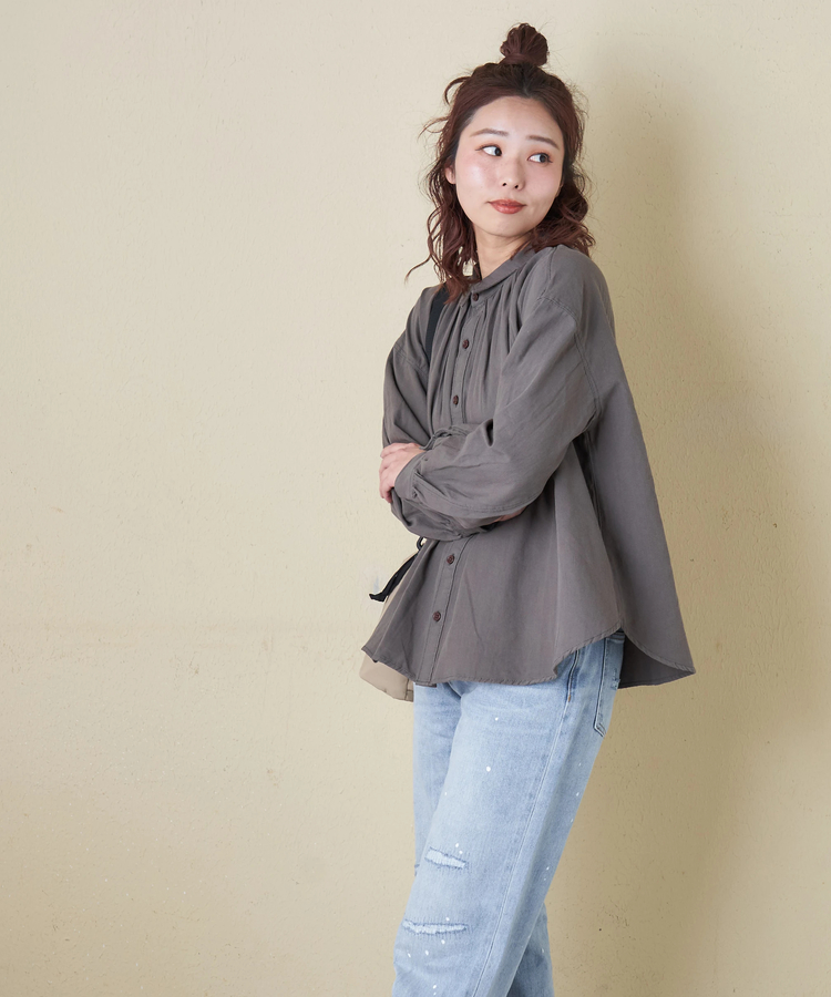 CUBE SUGAR(キューブシュガー) |【春新作8%分ポイントバック】ソフトツイル 無地 ギャザーシャツ