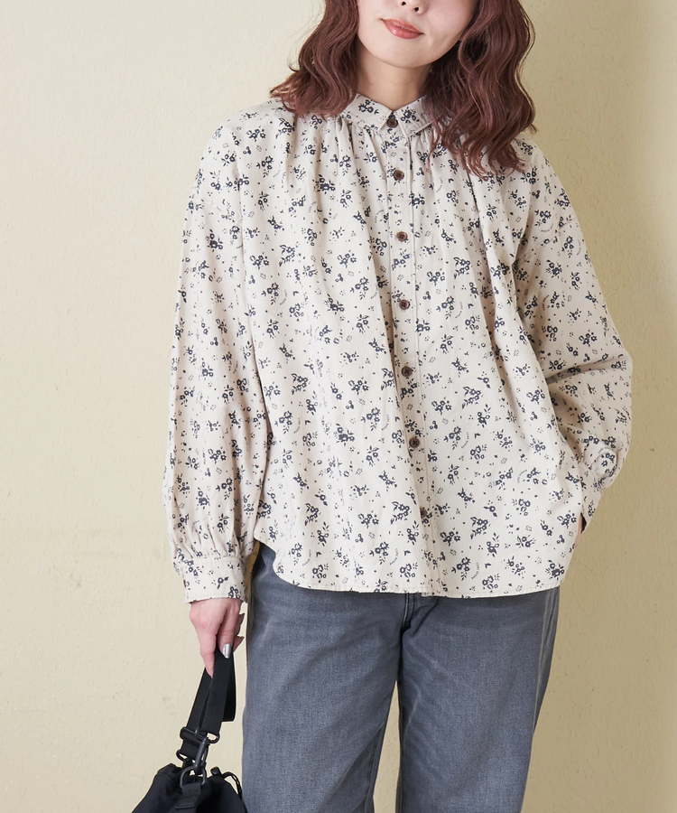 CUBE SUGAR(キューブシュガー) |【春新作8%分ポイントバック】ソフトツイル 総柄 プリント ギャザーシャツ