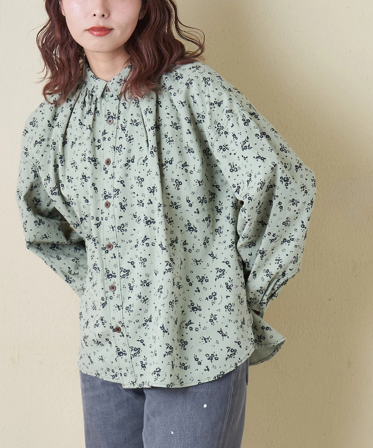 CUBE SUGAR(キューブシュガー) |【春新作8%分ポイントバック】ソフトツイル 総柄 プリント ギャザーシャツ