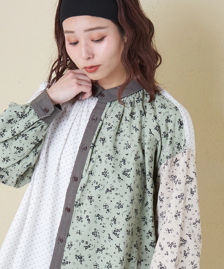 CUBE SUGAR(キューブシュガー) |【春新作8%分ポイントバック】ソフトツイル 総柄 プリント ギャザーシャツ