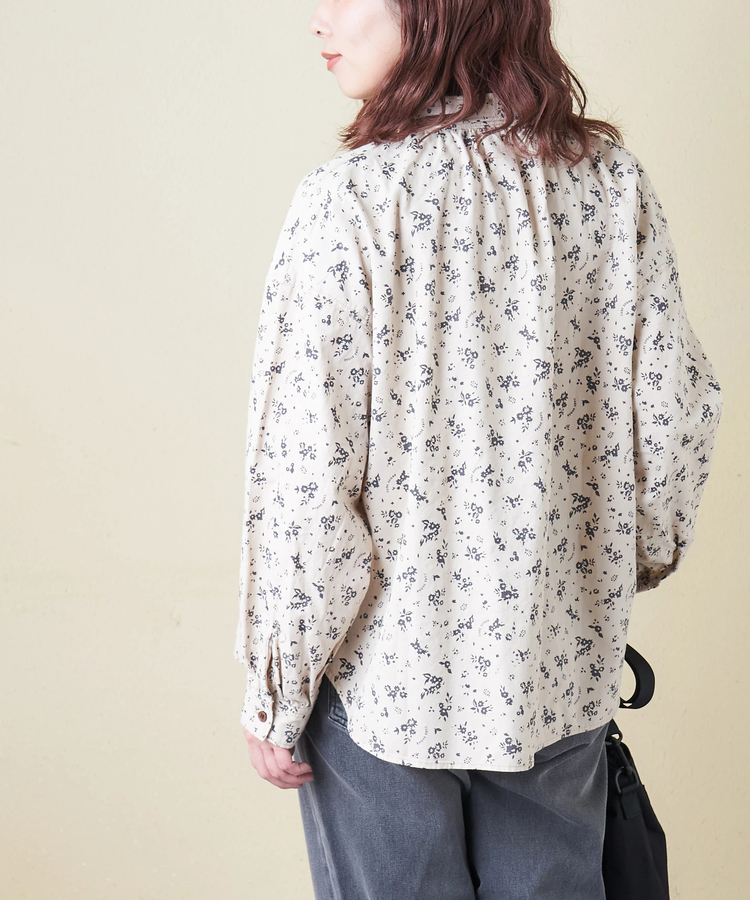 CUBE SUGAR(キューブシュガー) |【春新作8%分ポイントバック】ソフトツイル 総柄 プリント ギャザーシャツ