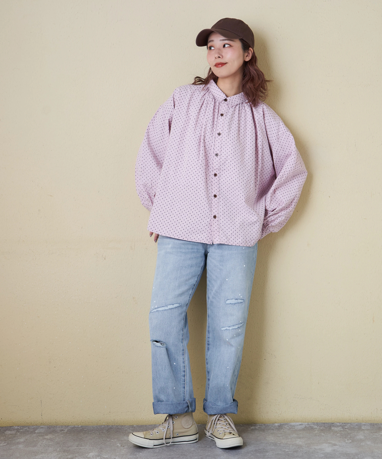 CUBE SUGAR(キューブシュガー) |【春新作8%分ポイントバック】ソフトツイル 総柄 プリント ギャザーシャツ