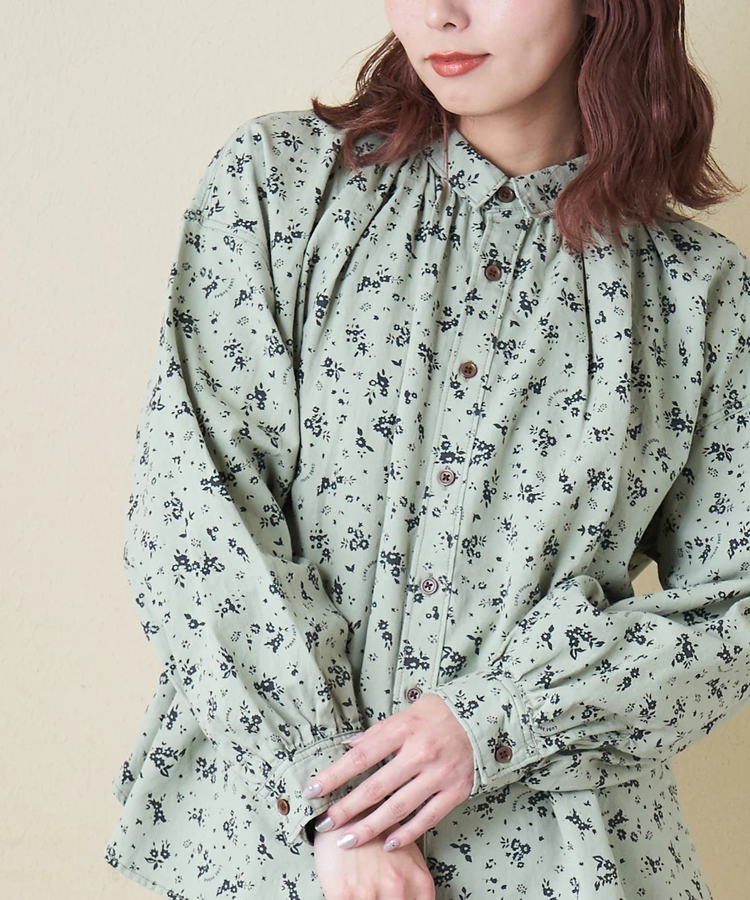 CUBE SUGAR(キューブシュガー) |【春新作8%分ポイントバック】ソフトツイル 総柄 プリント ギャザーシャツ