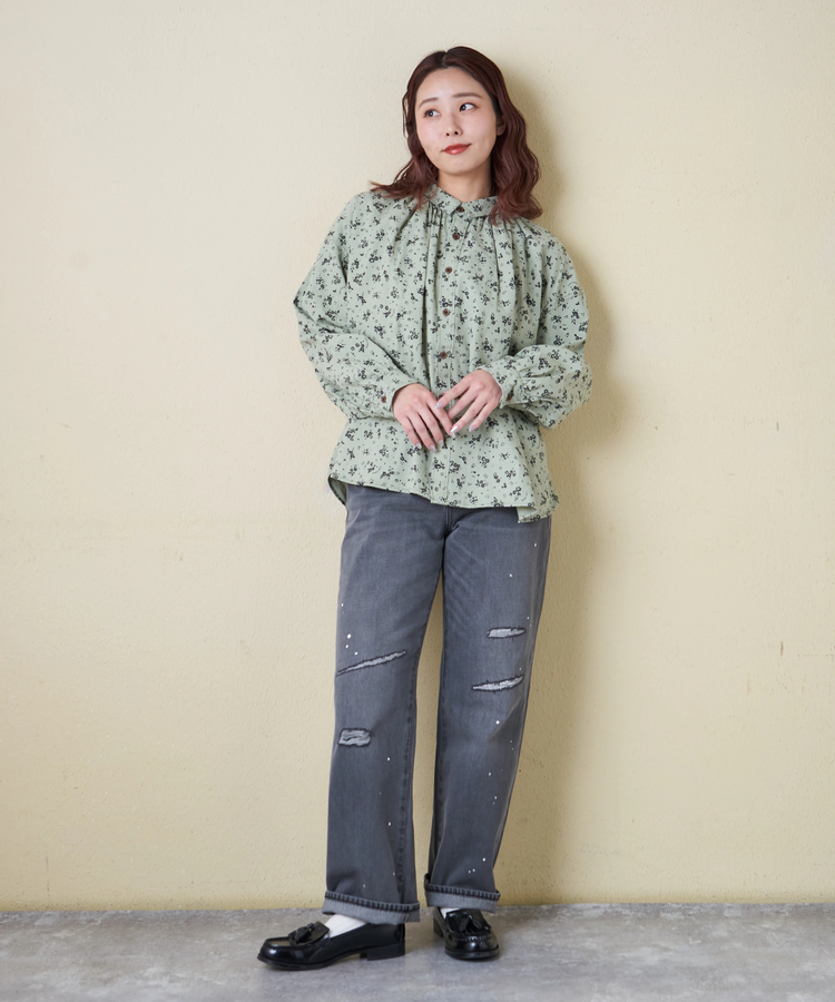 CUBE SUGAR(キューブシュガー) |【春新作8%分ポイントバック】ソフトツイル 総柄 プリント ギャザーシャツ