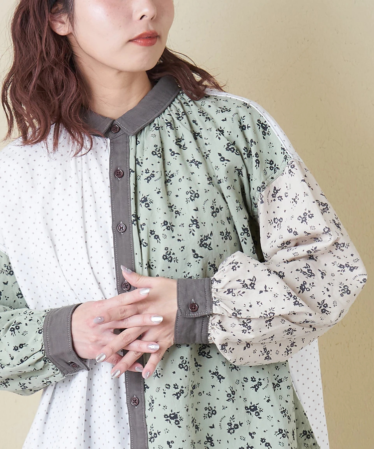 CUBE SUGAR(キューブシュガー) |【春新作8%分ポイントバック】ソフトツイル 総柄 プリント ギャザーシャツ