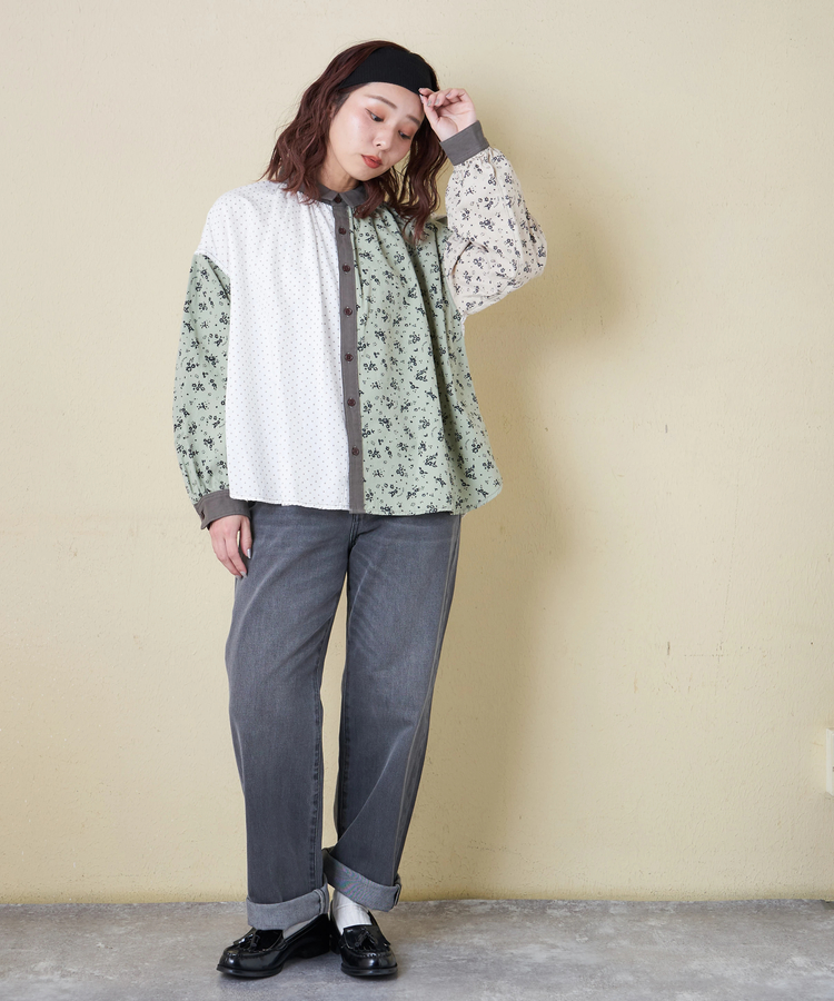 CUBE SUGAR(キューブシュガー) |【春新作8%分ポイントバック】ソフトツイル 総柄 プリント ギャザーシャツ