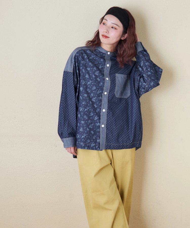 CUBE SUGAR(キューブシュガー) |【春新作8%分ポイントバック】ライトデニム 抜染プリント ビッグシャツ